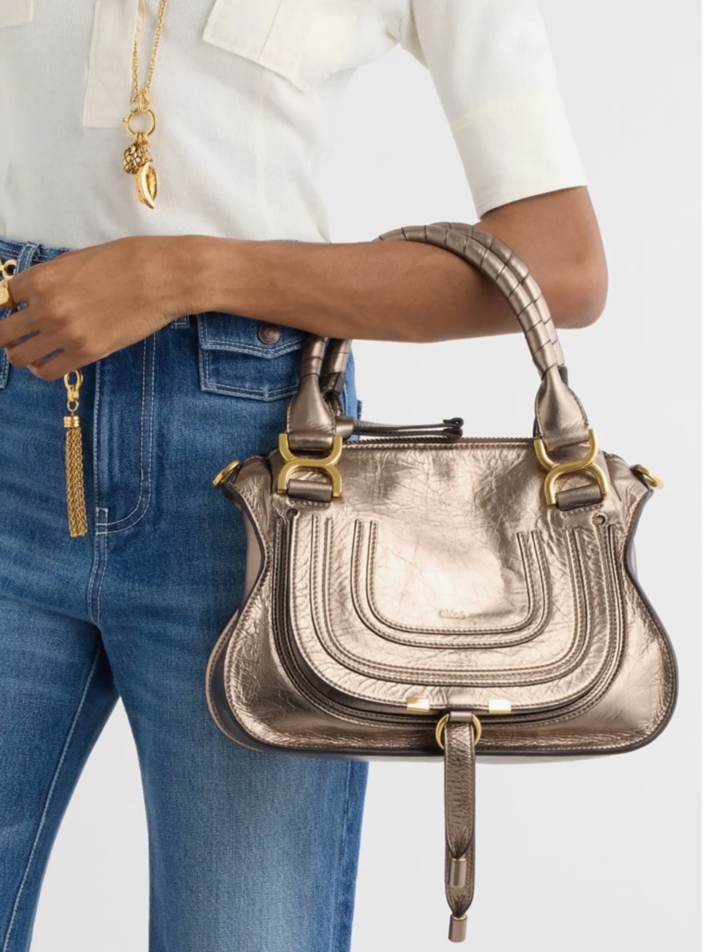 Chloé Small Marcie Metallic Leather Satchel W/COA